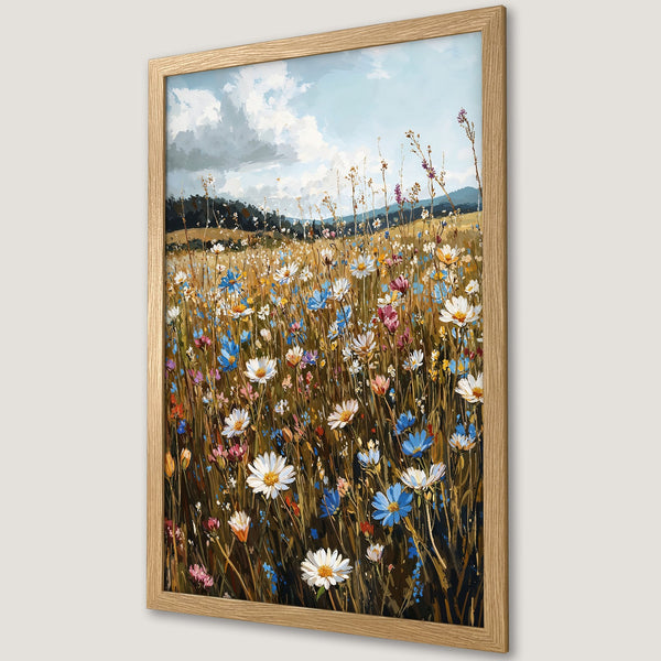 Framed Poster of a vibrant wildflower meadow painting. Features a natural, warm color palette with blues, whites, and yellows. Perfect wall art!