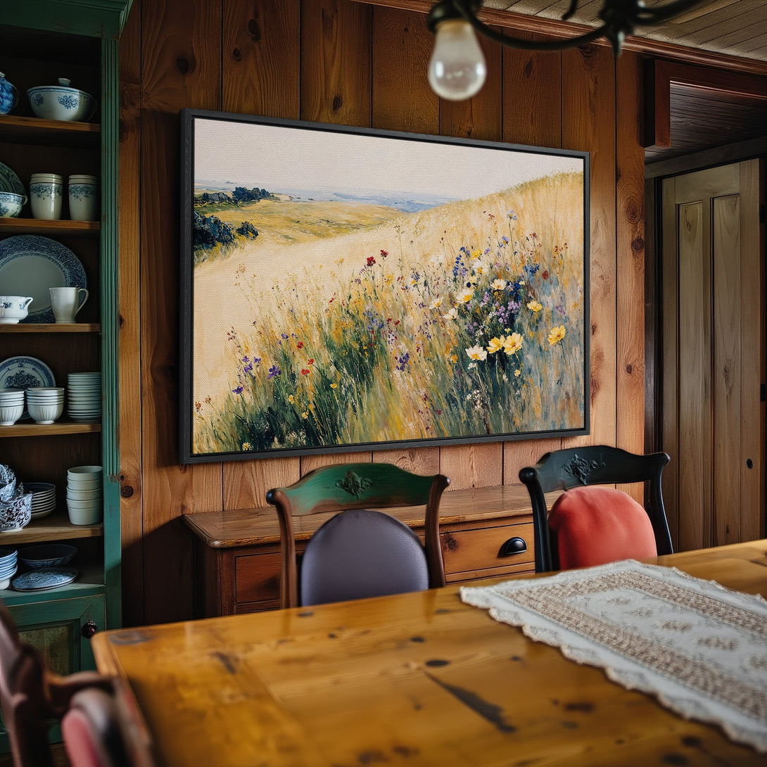 Framed Wall Art: Impressionistic landscape canvas print with wildflowers. Earthy tones and vibrant colors bring nature's beauty indoors. Perfect for any room!