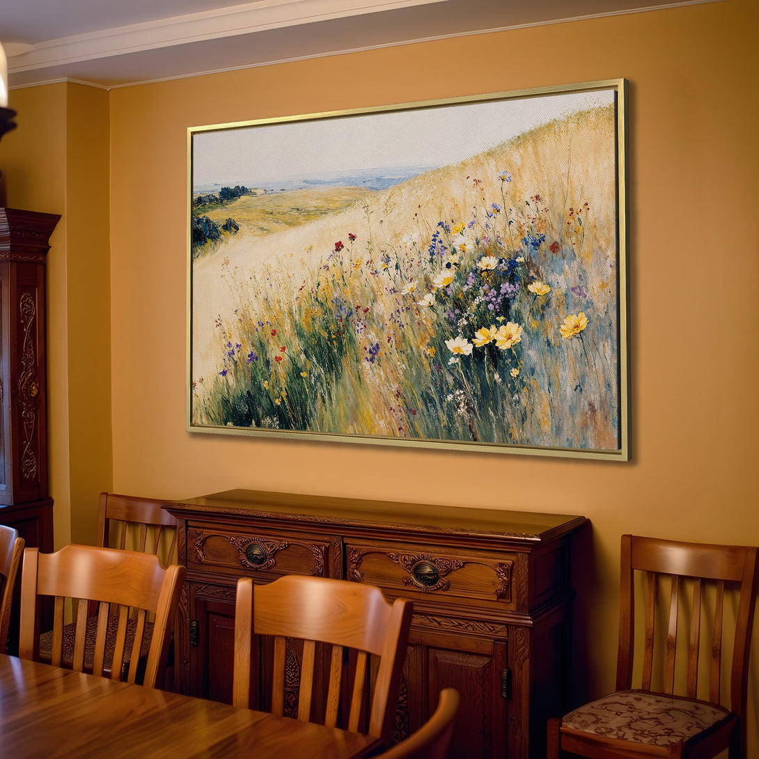 Canvas Print of a serene wildflower field painting in warm, neutral tones. Perfect for adding a touch of nature and elegance to your home decor.
