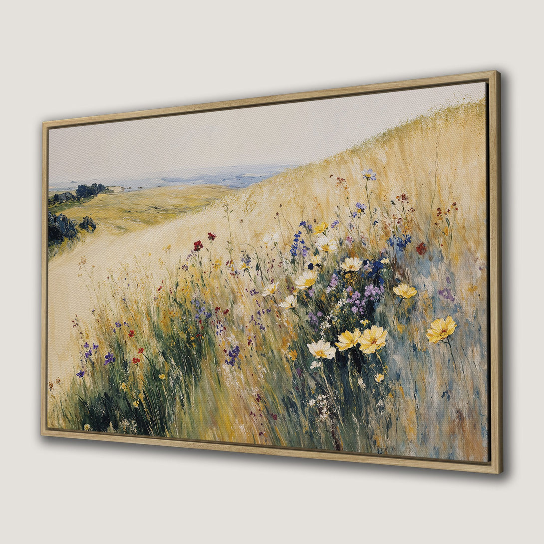 Framed Wall Art of a wildflower meadow in a warm, impressionistic style. Featuring yellow, blue, and green hues. Perfect for adding natural beauty to your home.
