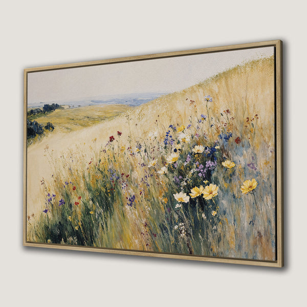 Framed Wall Art of a wildflower meadow in a warm, impressionistic style. Featuring yellow, blue, and green hues. Perfect for adding natural beauty to your home.
