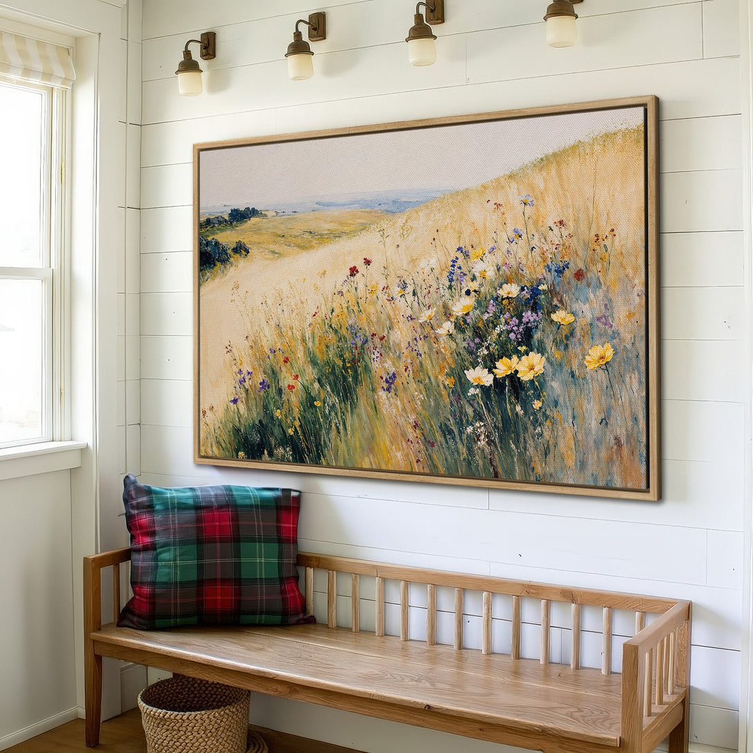 Framed Wall Art featuring a vibrant meadow landscape painting with a warm, natural color palette. Enhance your home decor with this beautiful Canvas Print.