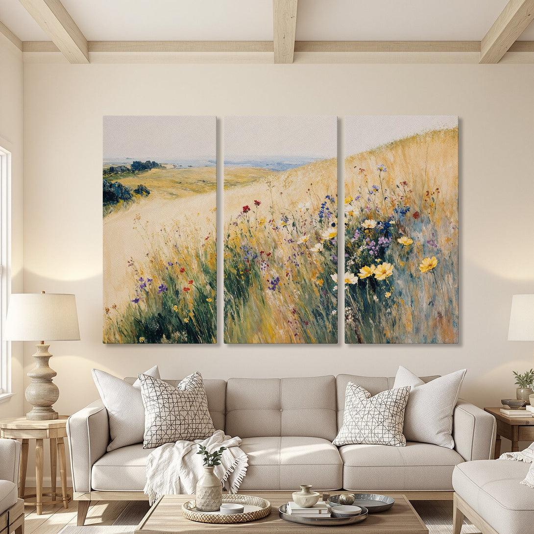 Canvas Print triptych featuring a meadow landscape in impressionistic style. Warm, earthy tones with pops of color create a calming, inviting atmosphere.