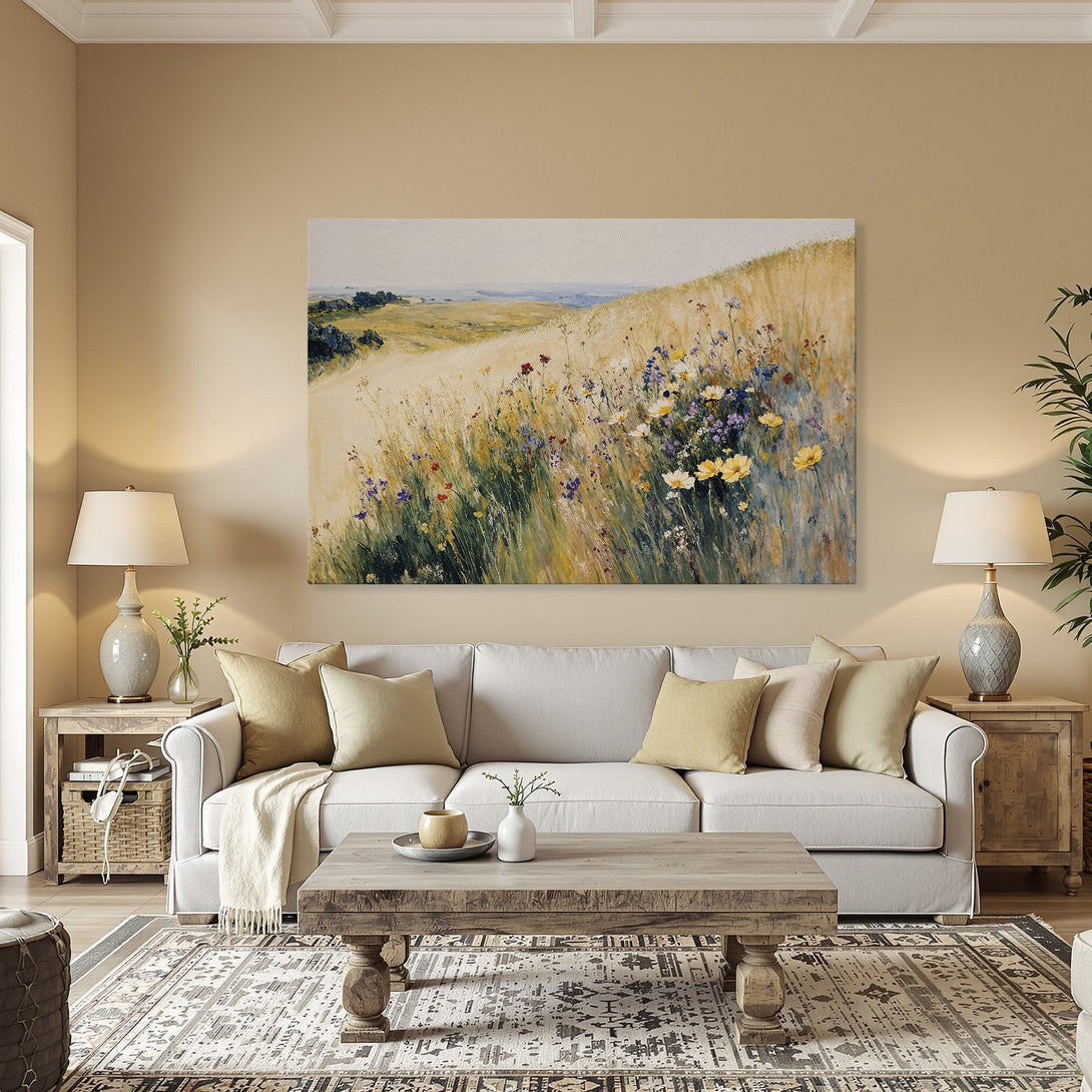 Framed Wall Art: Impressionist landscape Canvas Print with wildflowers, warm yellow and green tones, perfect for dining room decor.
