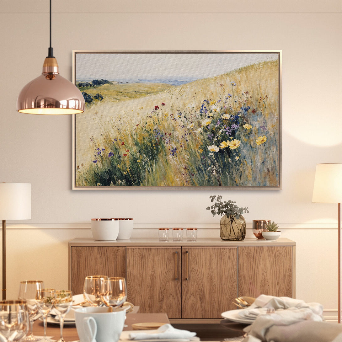 Framed Wall Art: Impressionist landscape Canvas Print with wildflowers in a warm, inviting interior. Earthy tones and pops of color.