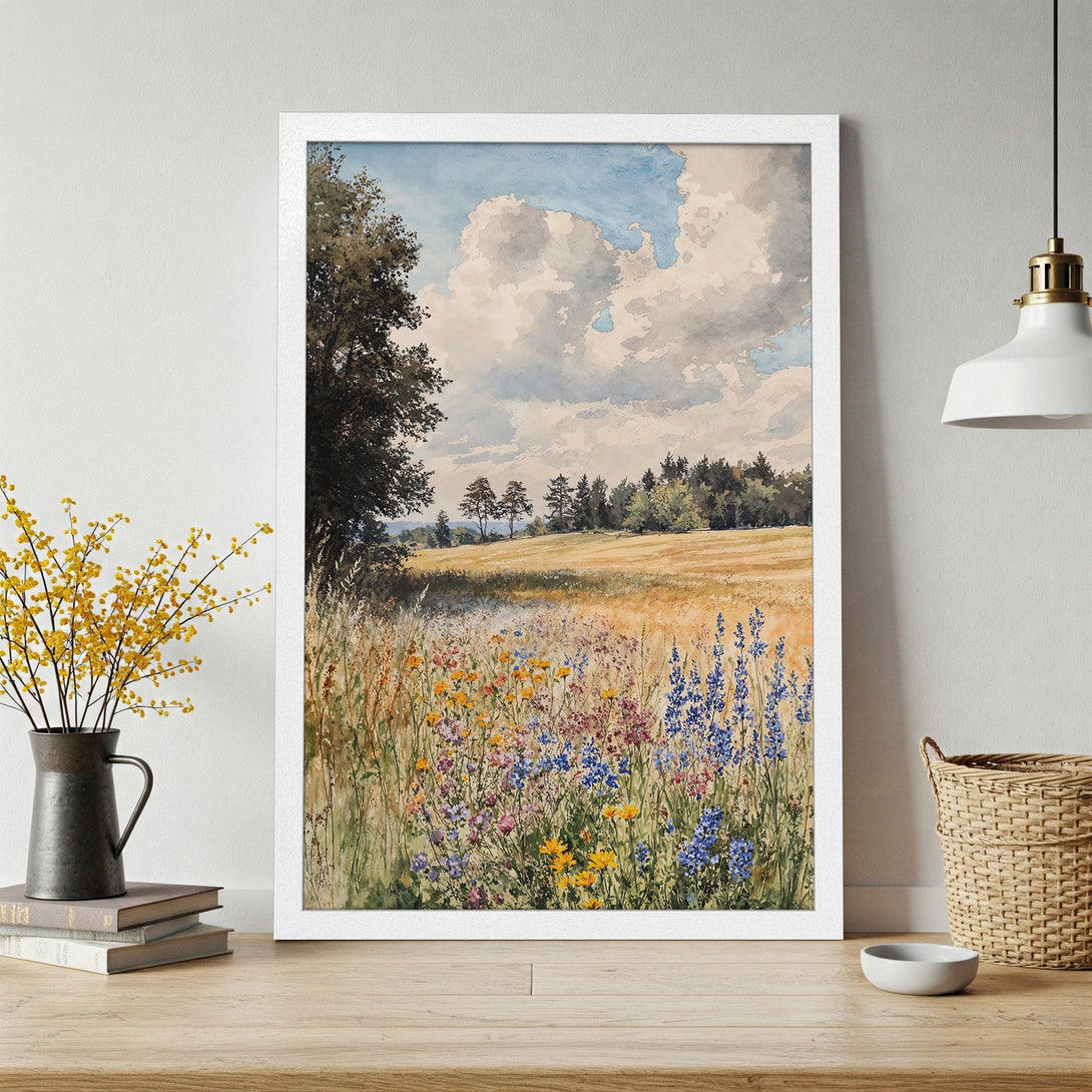 Framed Poster of a watercolor landscape with wildflowers, featuring a soft, natural color palette. Perfect wall art for a serene home.