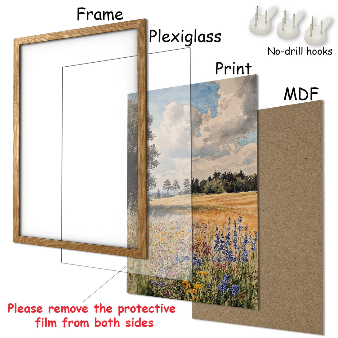 Framed Poster of a watercolor landscape. Featuring a field of wildflowers with a blue, yellow, and green color palette. Perfect wall art!