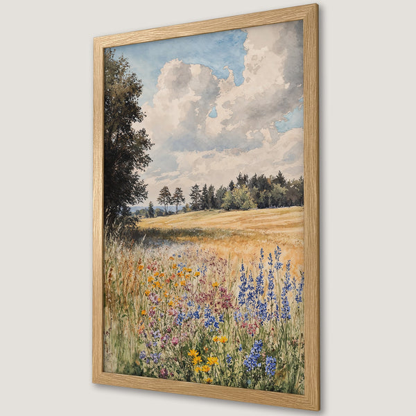 Framed Poster of a watercolor landscape with wildflowers, trees, and a cloudy sky. Featuring a warm, natural color palette.