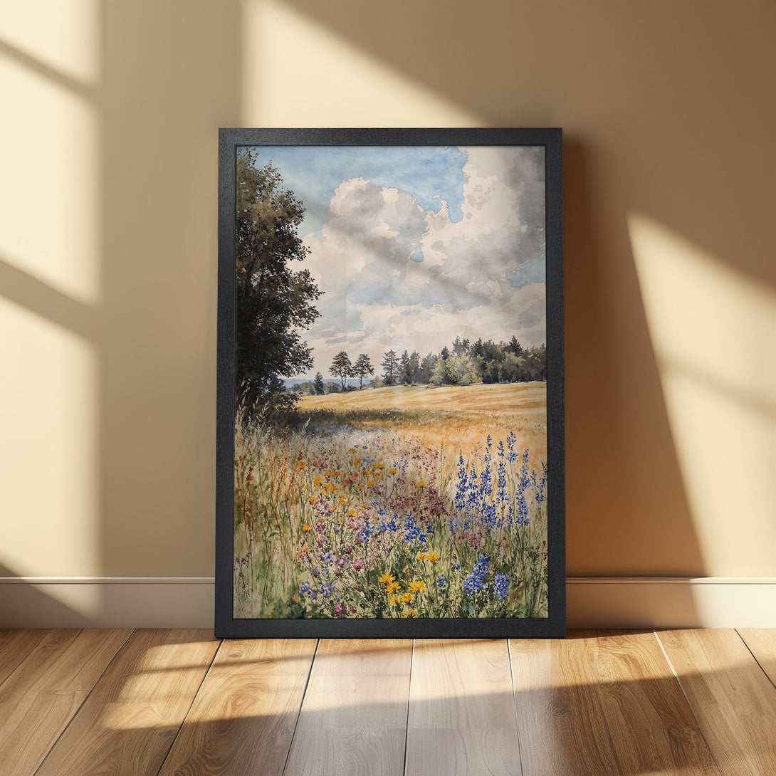 Framed Poster featuring a watercolor landscape with wildflowers, trees, and a cloudy sky. Earthy tones and a calming aesthetic.