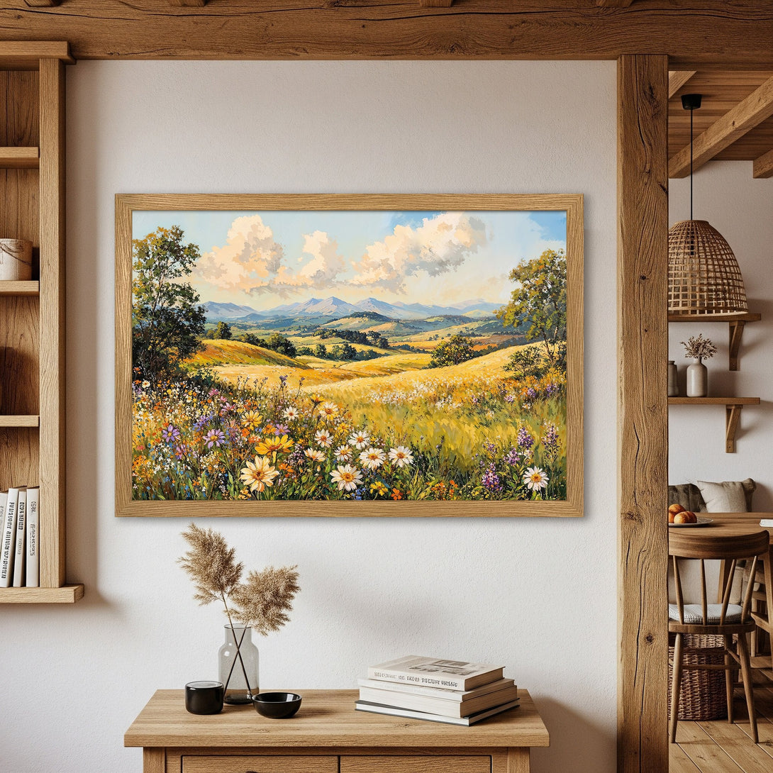 Framed Poster of a vibrant landscape painting with wildflowers, mountains, and a warm color palette. Perfect wall art!