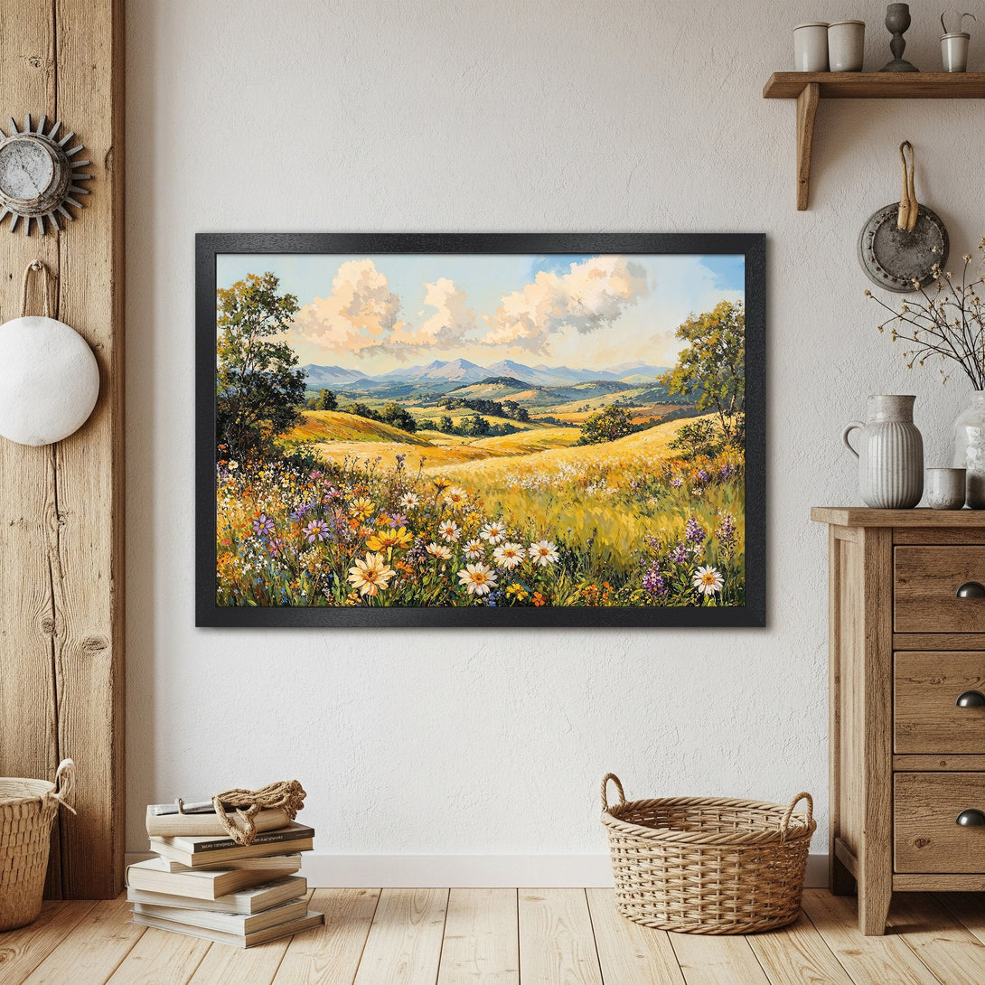 Framed Poster of a vibrant landscape painting. Features a sunny meadow with wildflowers, in a warm, natural color palette. Perfect wall art!
