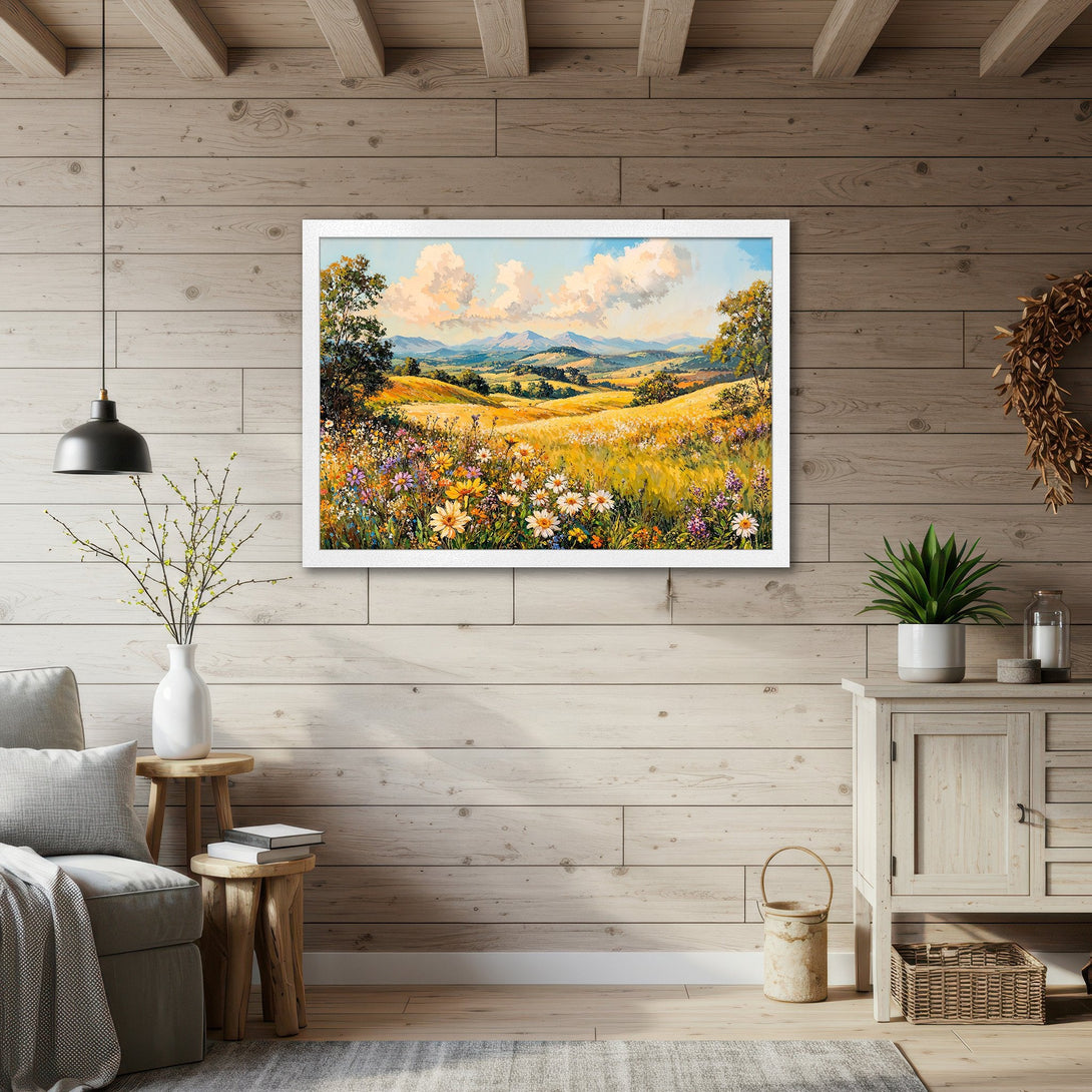 Framed Poster of a vibrant landscape painting. Featuring wildflowers and rolling hills, with a warm, inviting color palette. Perfect wall art!