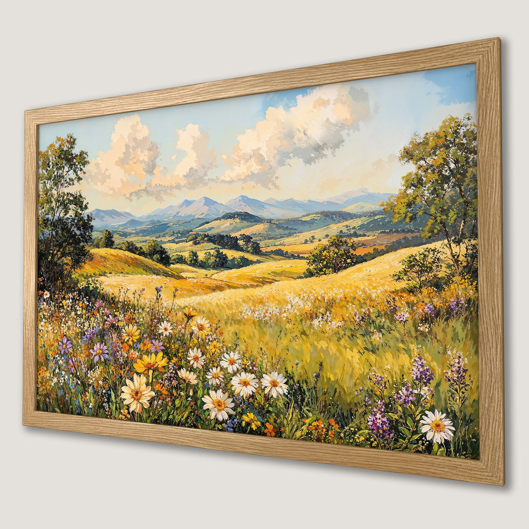 Framed Poster of a vibrant landscape painting with a colorful wildflower meadow and rolling hills. Warm, earthy tones.