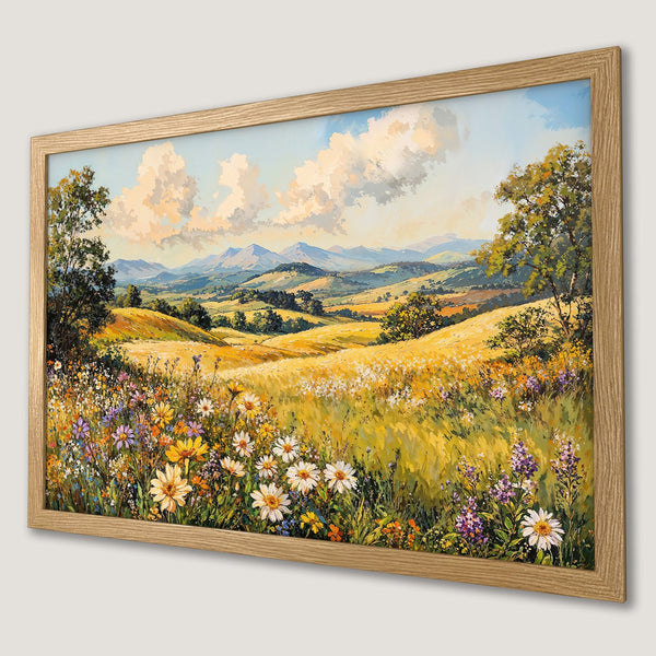 Framed Poster of a vibrant landscape painting with a colorful wildflower meadow and rolling hills. Warm, earthy tones.