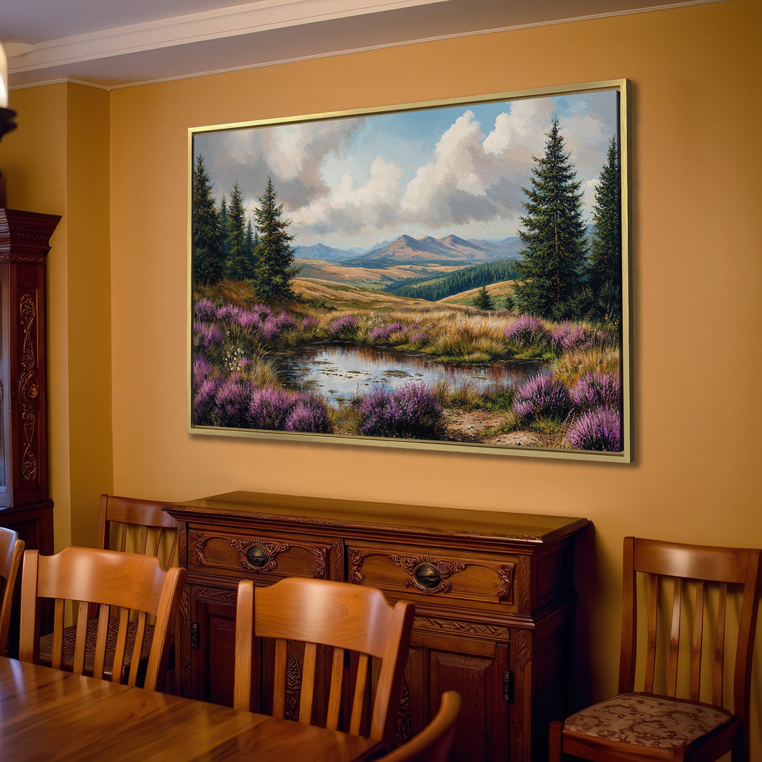 Canvas Print of a serene landscape painting with purple heather and a pond. Featuring a warm, natural color palette, perfect for home decor.