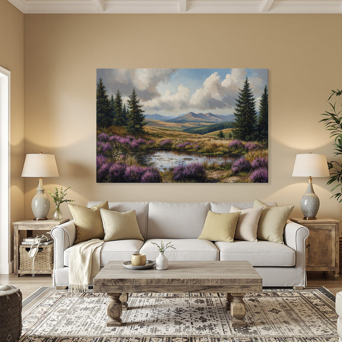 Framed Wall Art: Landscape Canvas Print with serene mountain scene, featuring purple flowers, trees, and a pond. Earthy color palette, perfect for home decor.