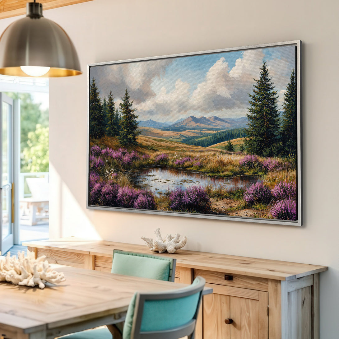 Framed Wall Art: Landscape Canvas Print featuring a serene mountain scene with a vibrant purple and green color palette. Perfect for adding natural beauty to your home.