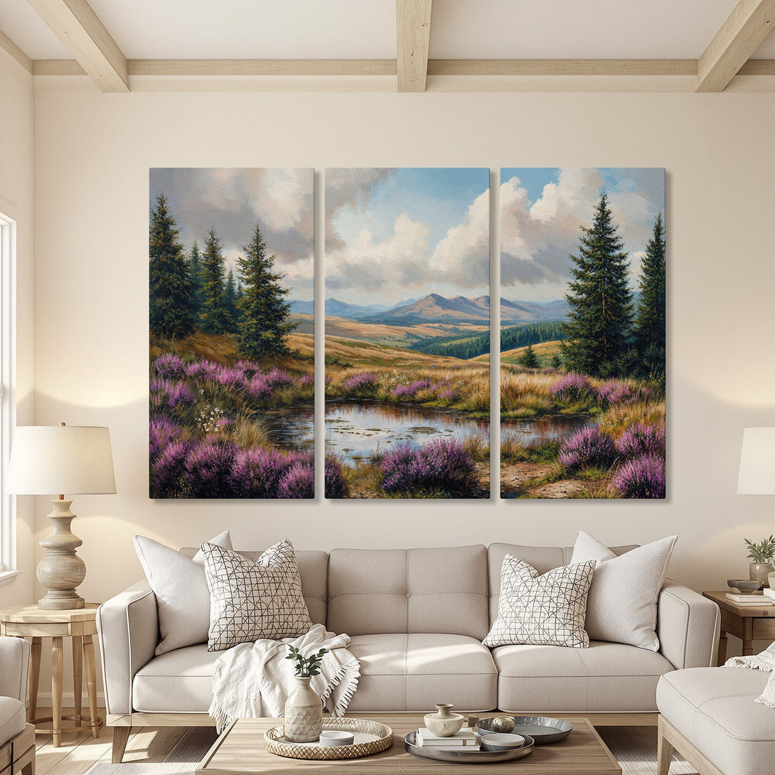 Canvas Print of a serene landscape painting with purple flowers, trees, and mountains. Features a warm, natural color palette. Perfect wall art!