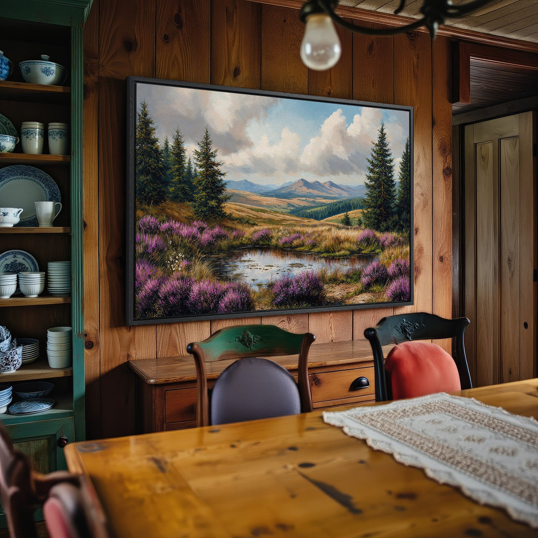 Framed Wall Art: Landscape Canvas Print with a serene mountain scene in a rustic dining room. Features blues, greens, purples, and earth tones.