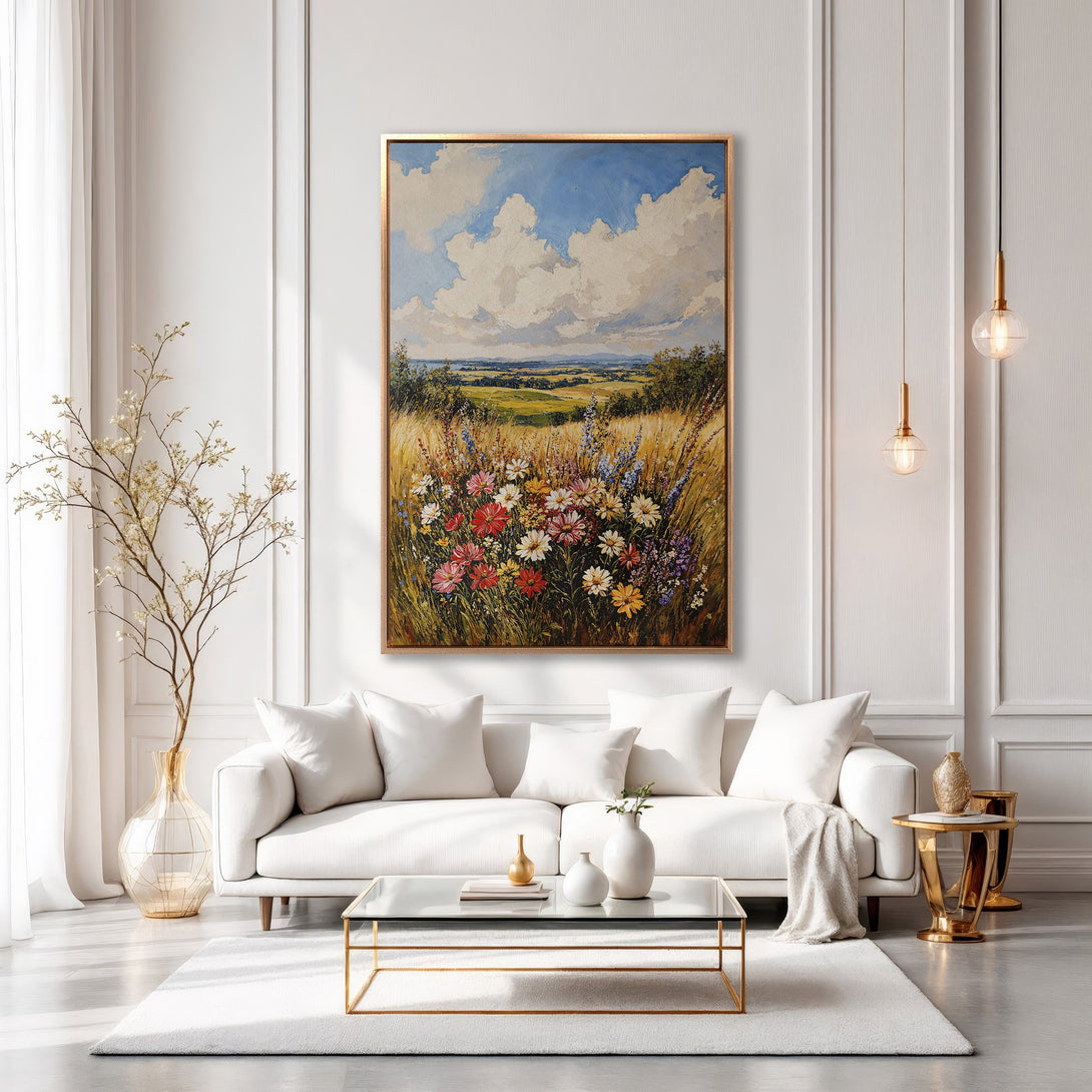 Framed Wall Art featuring a vibrant floral landscape painting in a gold frame. Warm, inviting color palette complements the elegant, modern interior.