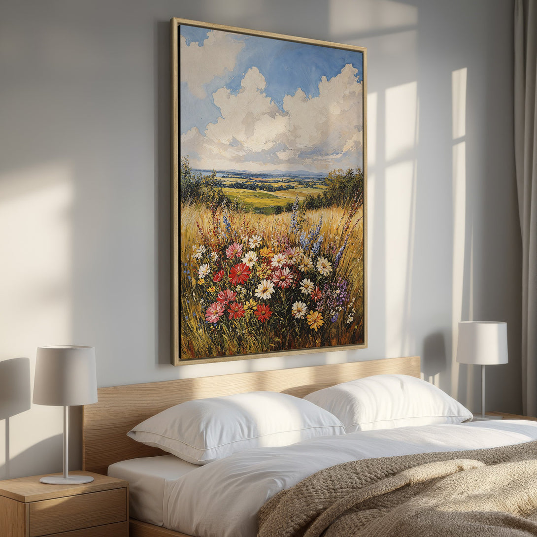 Framed Wall Art: Impressionist landscape Canvas Print with wildflowers in a bedroom. Features a warm, natural color palette of blues, greens, and yellows.