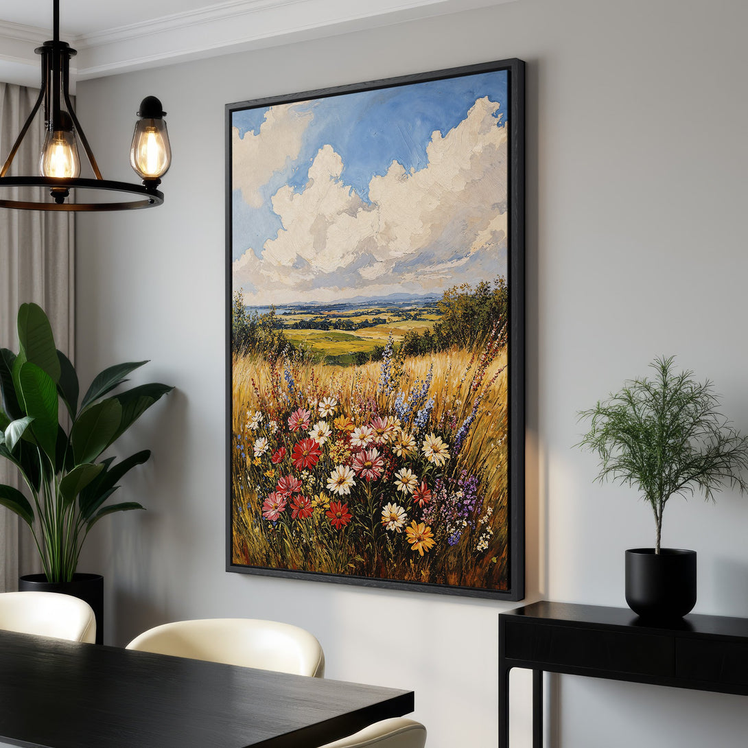 Framed Wall Art: Impressionistic landscape painting with wildflowers in a field. Features a blue, yellow, and green color palette, perfect for adding a touch of nature.