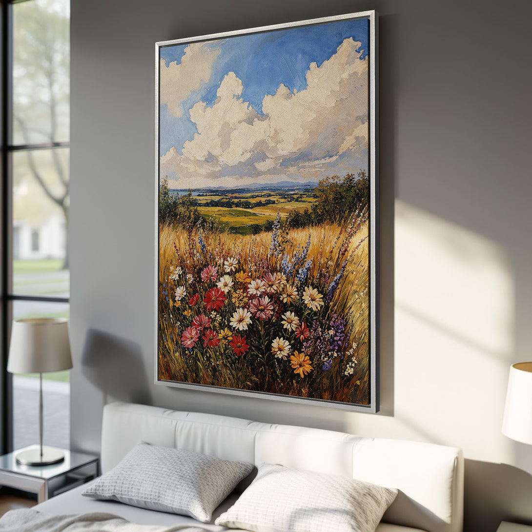 Framed Wall Art of a vibrant landscape painting with wildflowers, blue sky, and warm color palette. Perfect for adding art to your home decor.