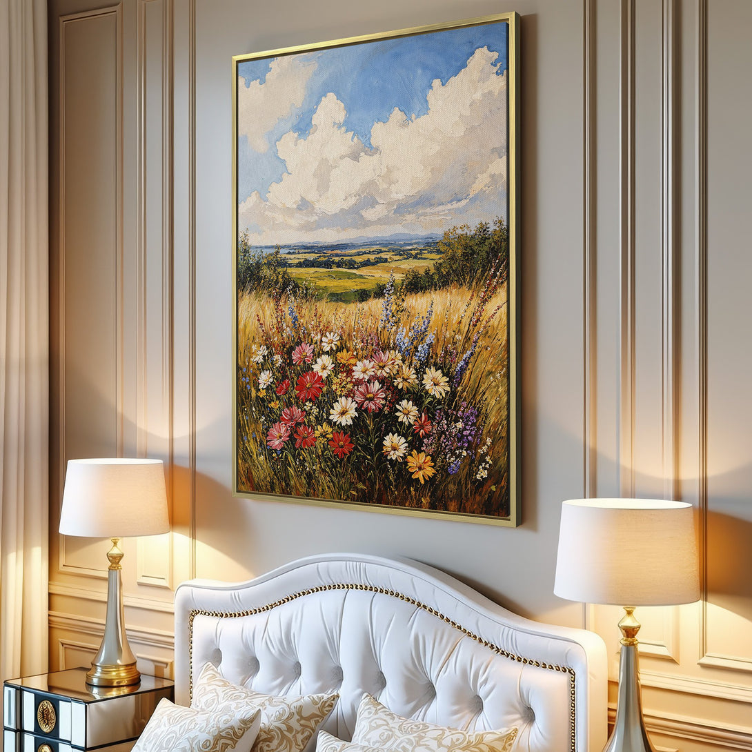 Canvas Print of a vibrant floral landscape painting, showcasing a colorful meadow with blue, yellow, and red hues. Perfect wall art for any room.