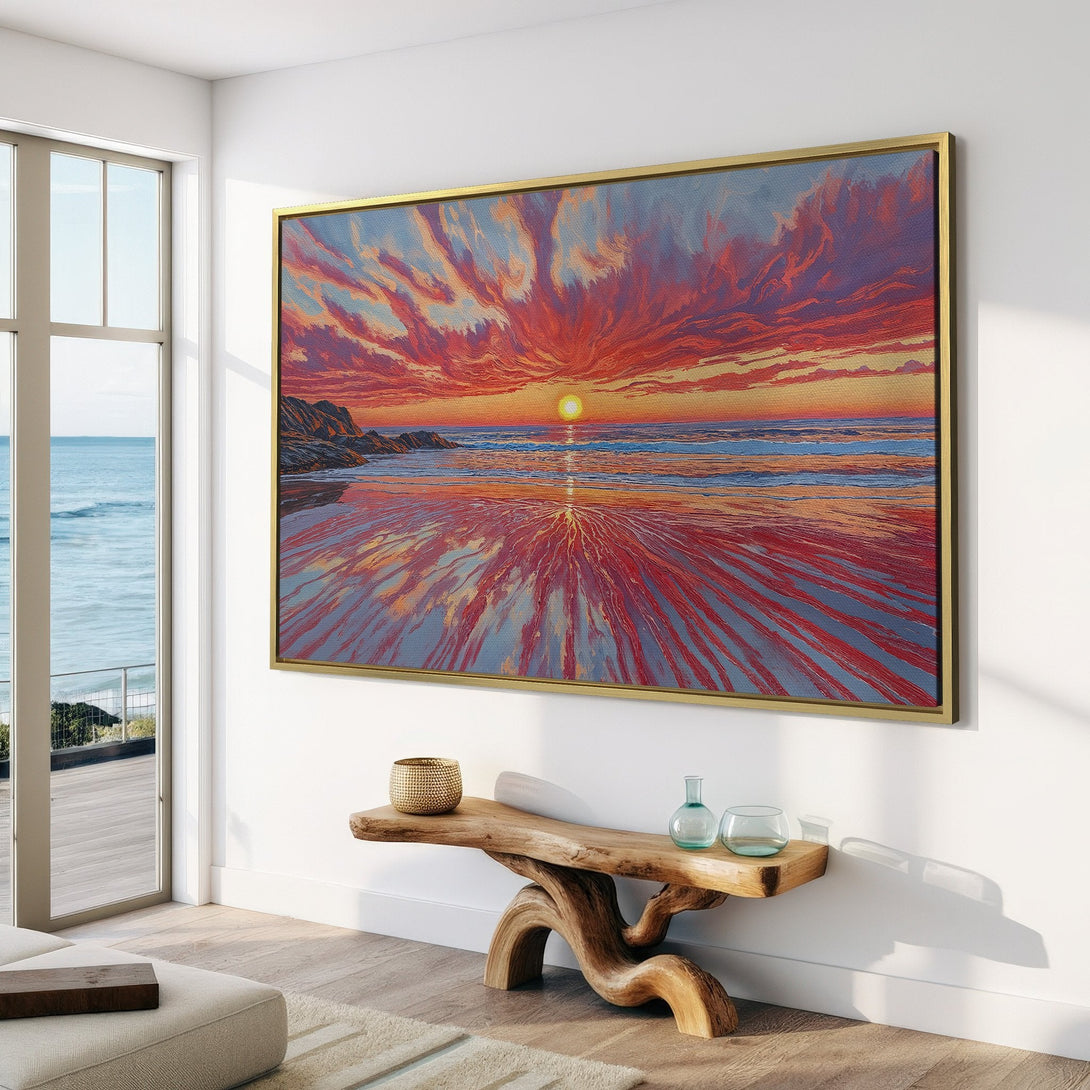 Canvas Print of a vibrant sunset over the ocean, featuring warm red, orange, and blue hues. Perfect coastal wall art for your home!