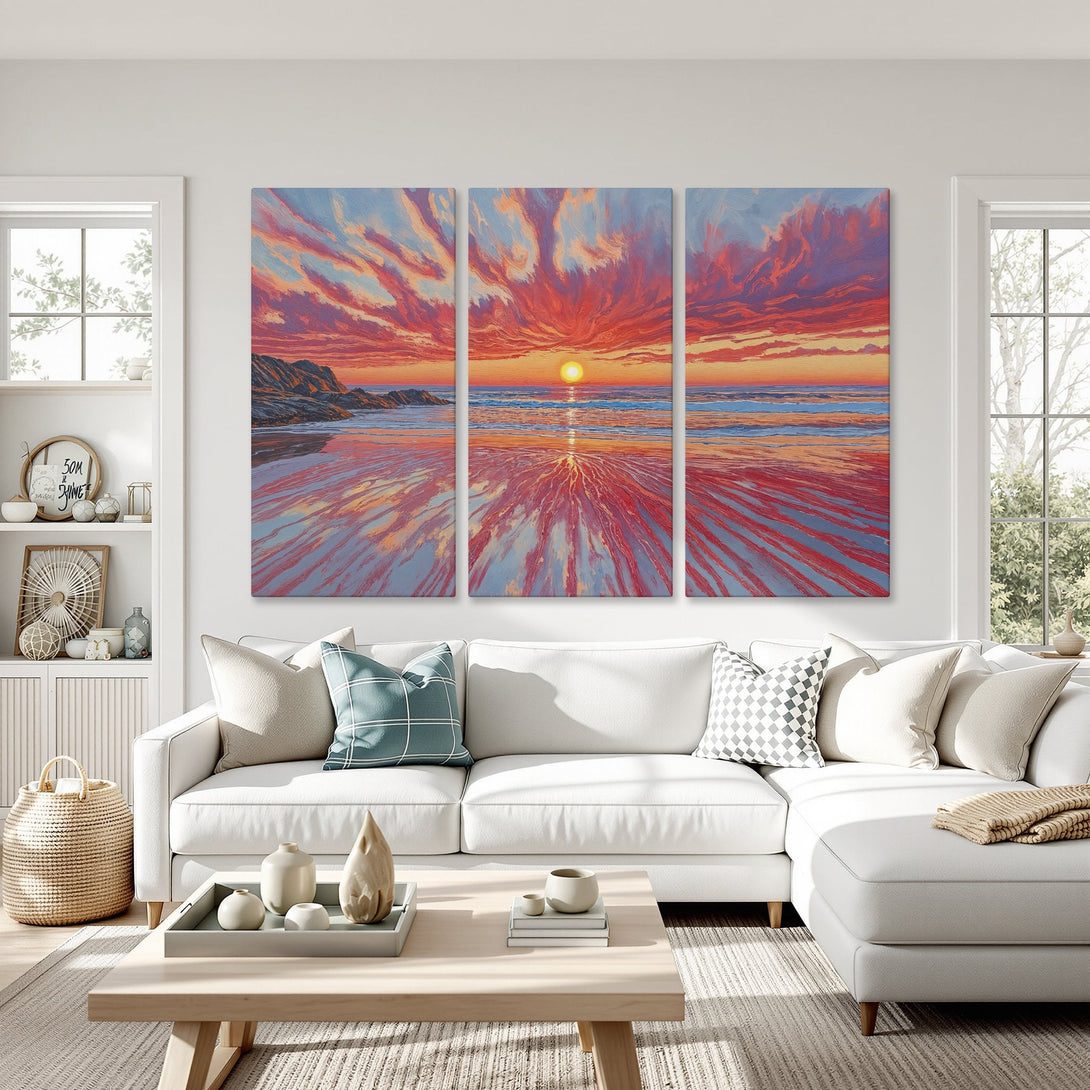 Canvas Print of a vibrant sunset over the ocean. Impressionistic style with a warm red, orange, and blue color palette. Perfect for coastal decor.