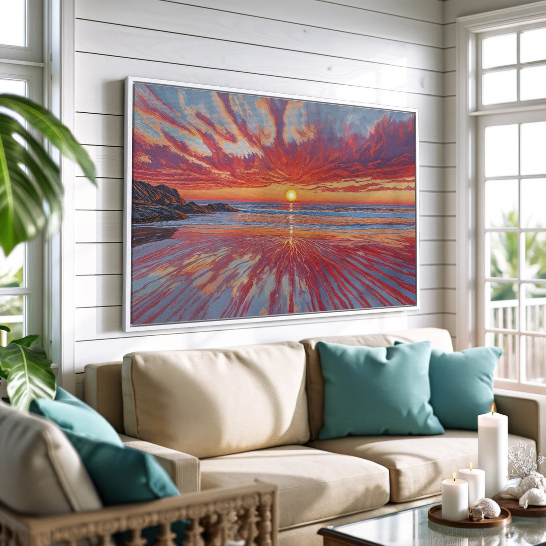 Framed Wall Art: Stunning sunset beach scene canvas print with vibrant red, orange, and blue hues. Perfect coastal decor for living room or bedroom.