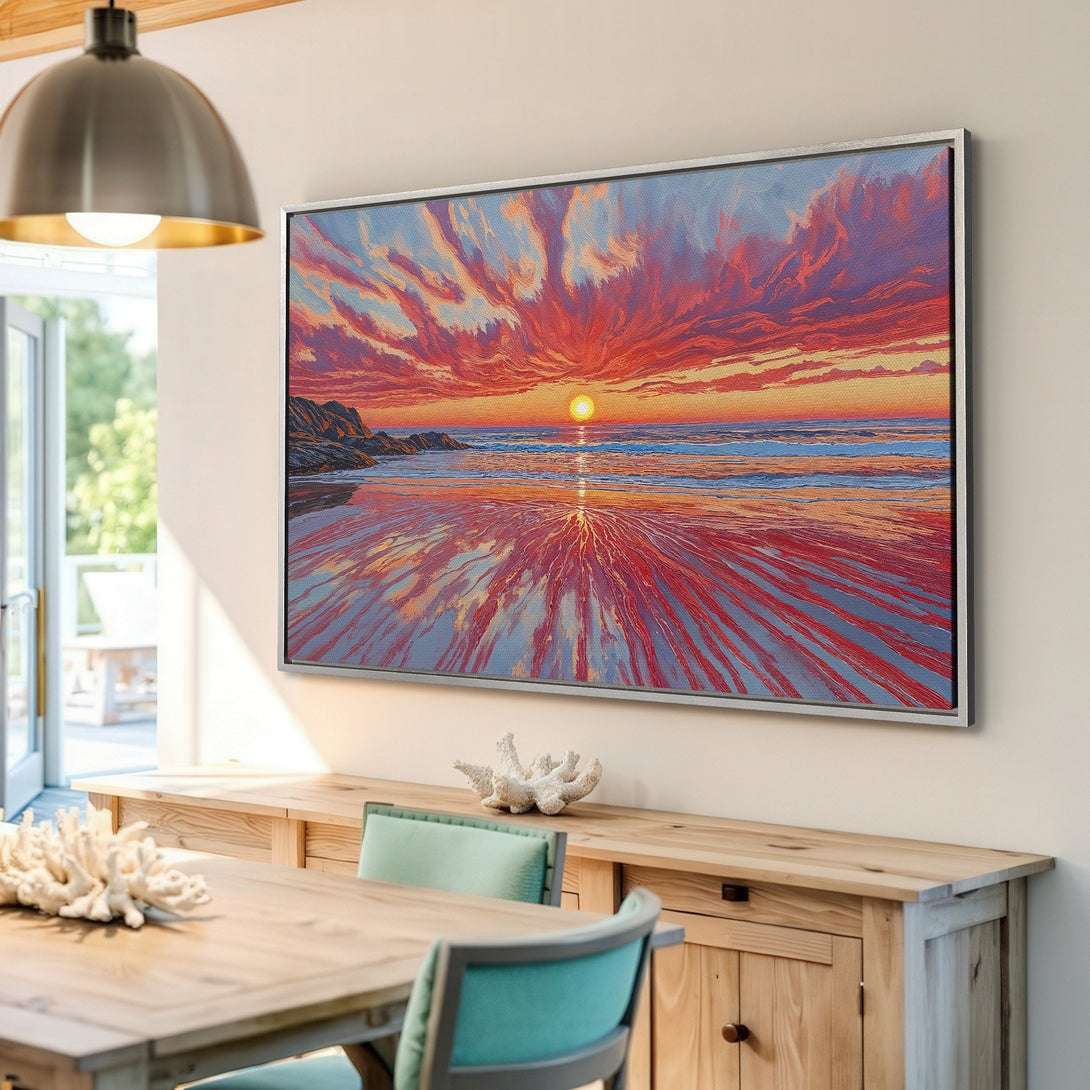 Framed Wall Art: Sunset over the ocean Canvas Print in vibrant red, orange, and blue hues. Perfect coastal art for your home decor!