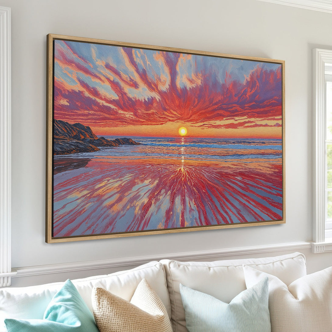 Framed Wall Art Canvas Print of a vibrant sunset over the ocean. Impressionistic style with a warm red, orange, and blue color palette. Perfect coastal decor.