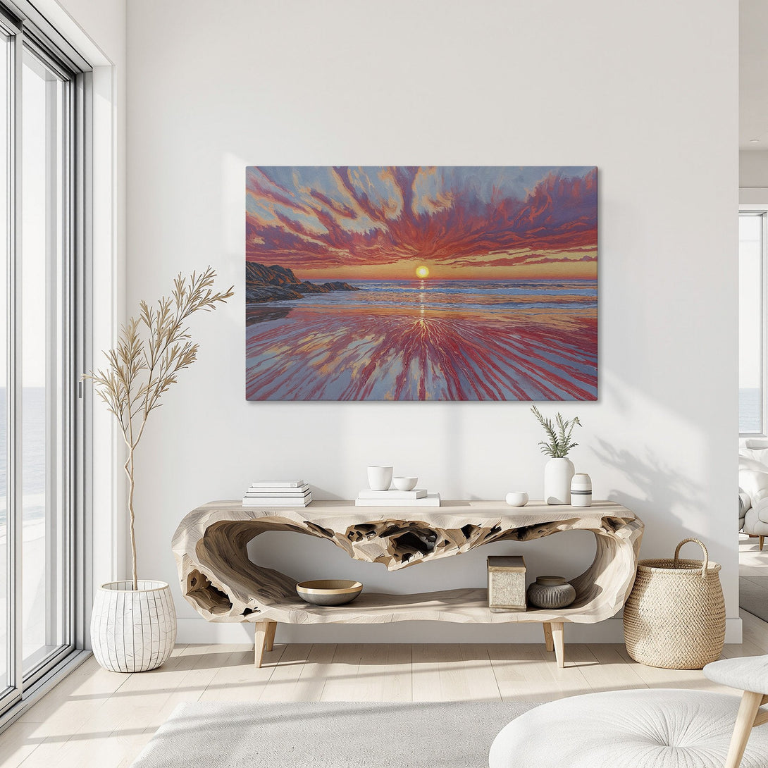 Framed Wall Art: Stunning sunset beach scene in vibrant red, orange, and blue hues. Perfect coastal decor to elevate your living space.
