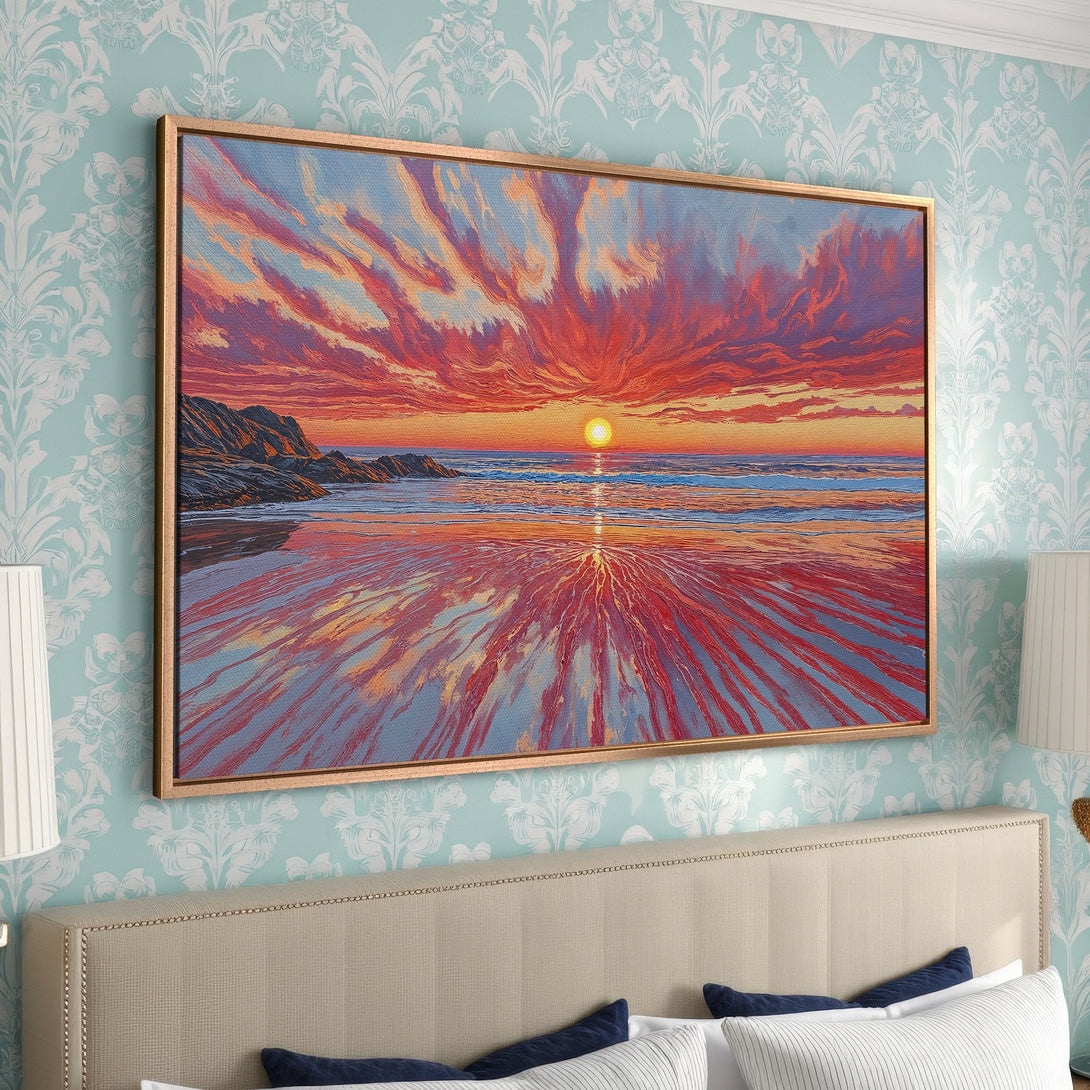 Framed Wall Art: Sunset over the ocean. Vibrant red, orange, and blue color palette. Coastal landscape art for your home decor.