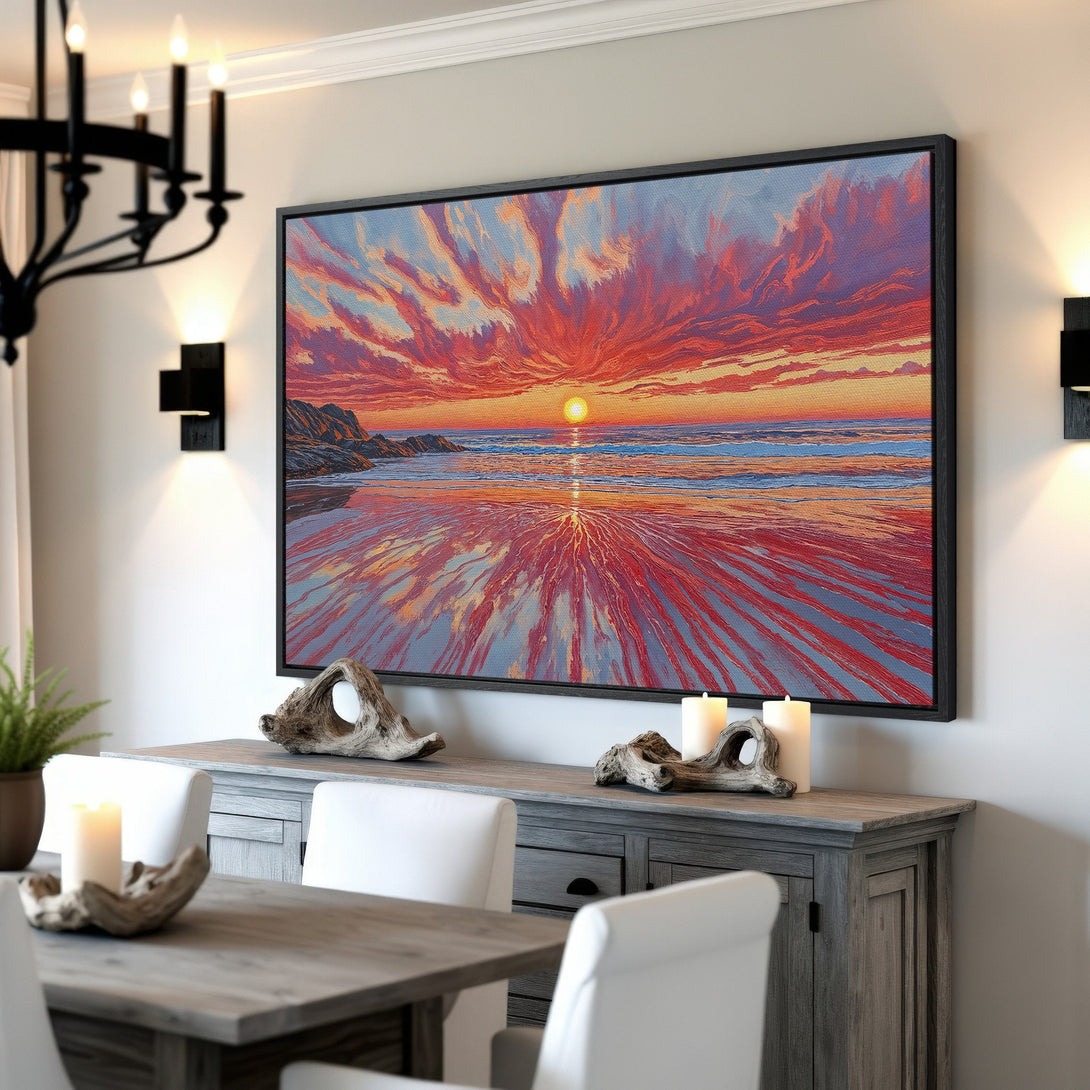 Framed Wall Art: Vibrant sunset beach scene in red, orange, and blue hues. Coastal art print adds warmth and style to any interior.