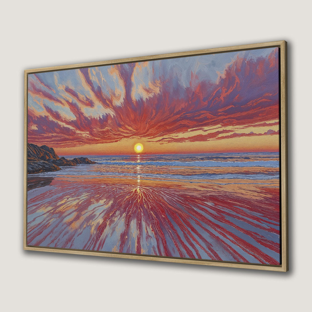 Canvas Print of a vibrant beach sunset painting. Warm red, orange, and blue hues create a stunning, impressionistic seascape. Add art to your walls!