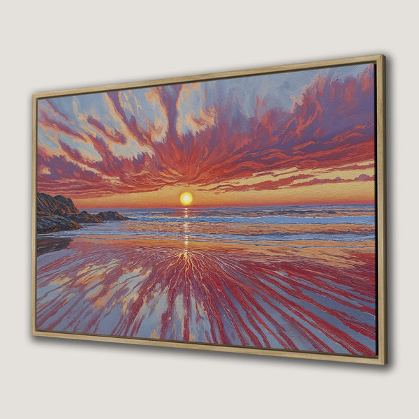 Canvas Print of a vibrant beach sunset painting. Warm red, orange, and blue hues create a stunning, impressionistic seascape. Add art to your walls!