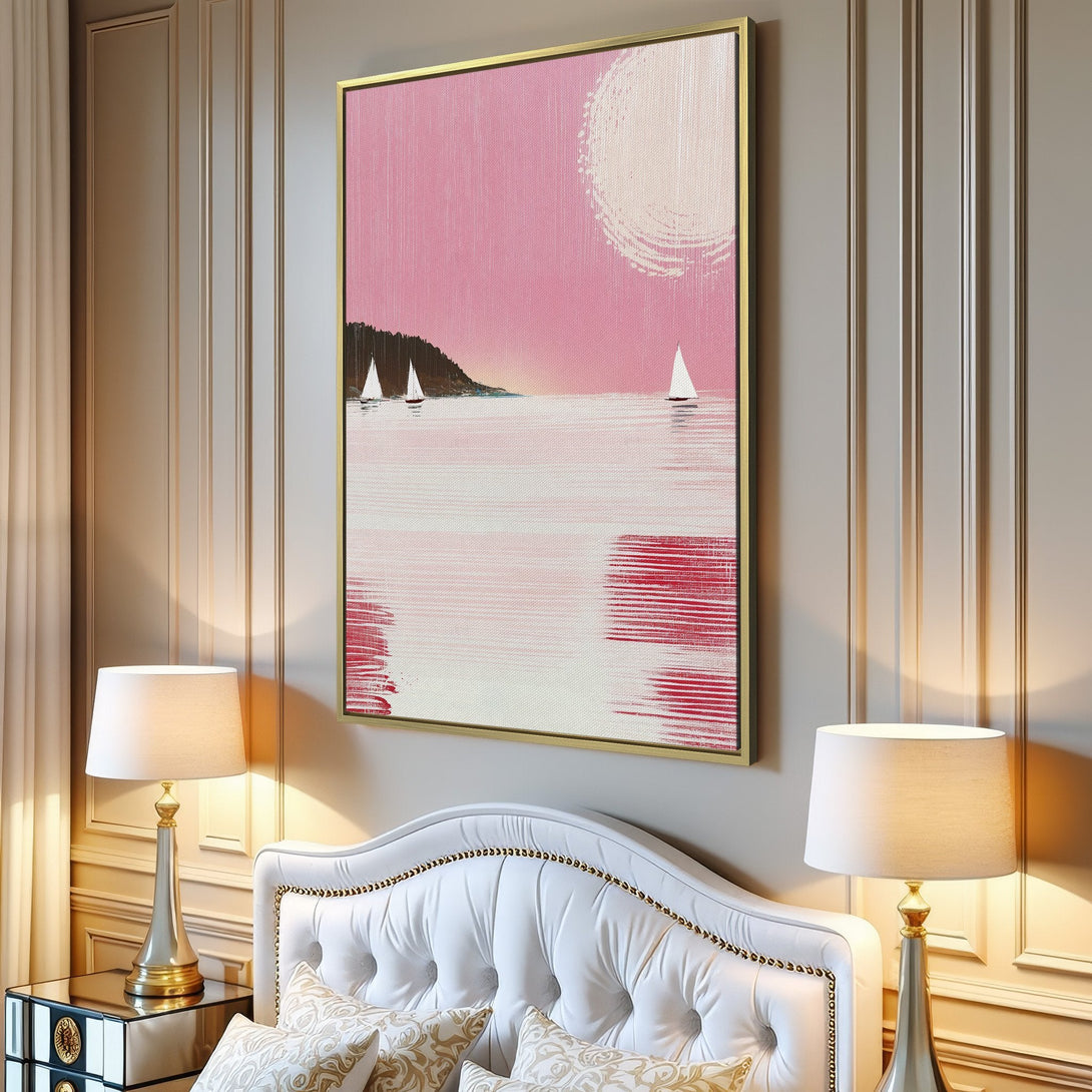 Canvas Print of a serene seascape with sailboats, in a minimalist style with a pink and white color palette. Perfect for coastal decor!
