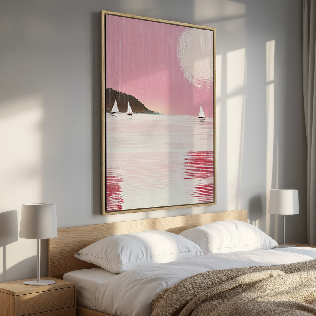 Framed Wall Art featuring a serene sailboat scene in a pink and red color palette. Modern abstract style adds a touch of elegance to any bedroom.