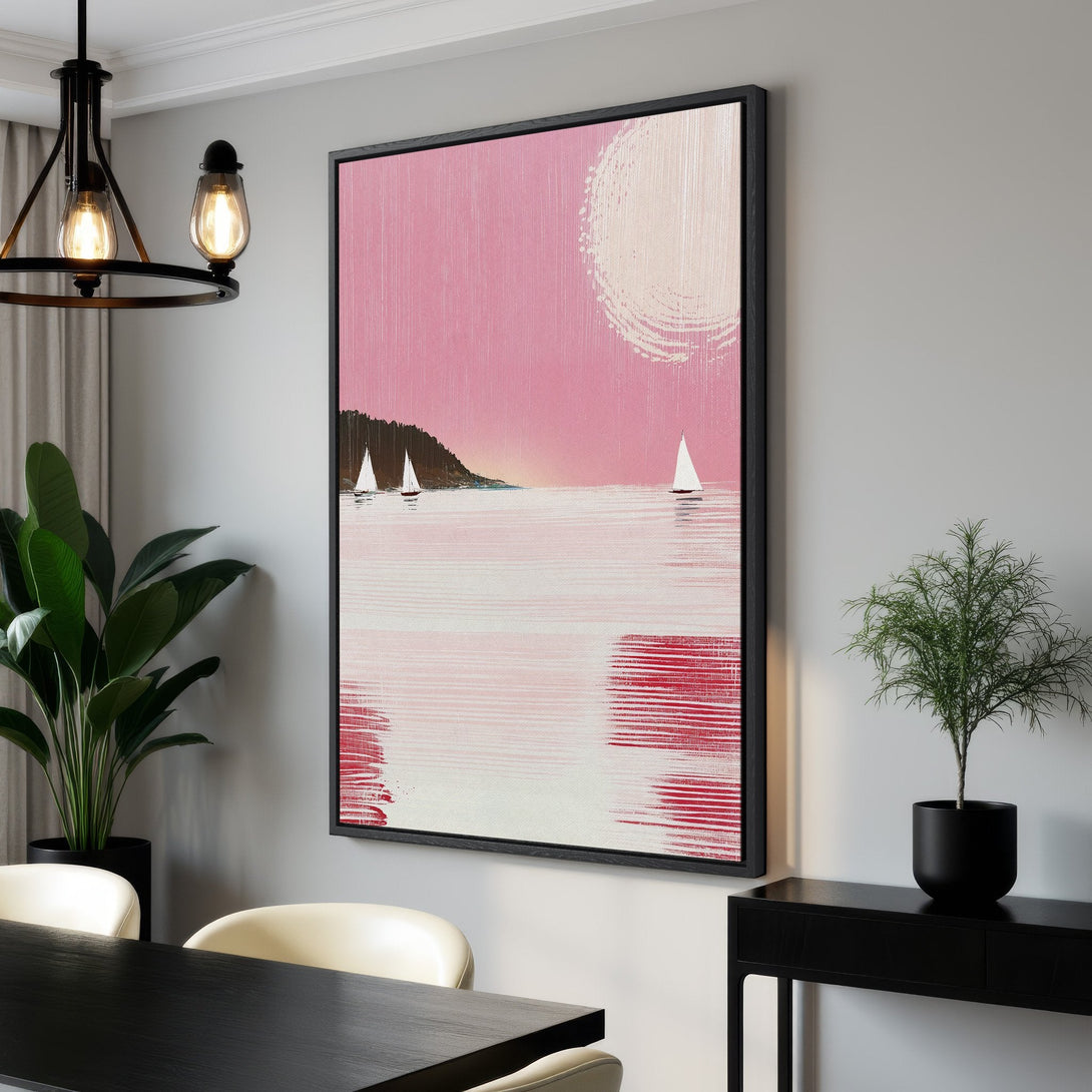 Framed Wall Art featuring a pink and red abstract seascape with sailboats. Modern art style, perfect for adding a pop of color to your home decor.