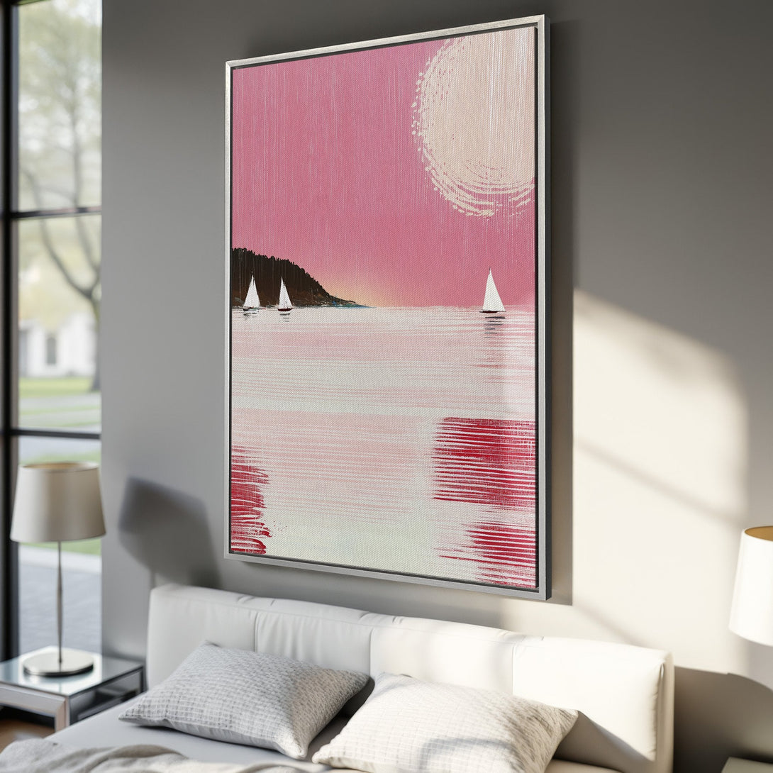 Framed Wall Art: Abstract sailboat scene in pink and white. Modern canvas print adds a touch of coastal style to any room. Shop now for unique wall decor!