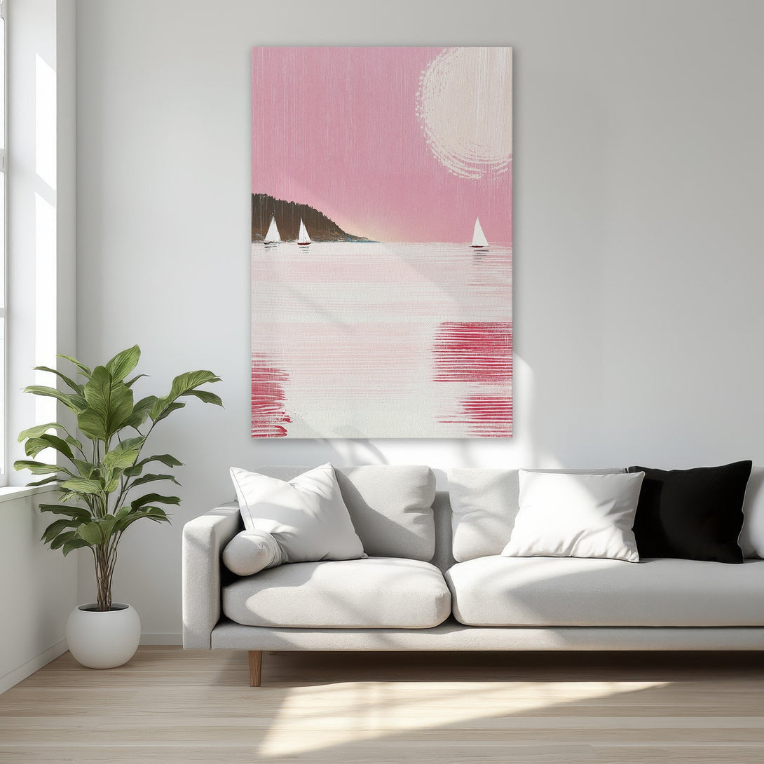Framed Wall Art featuring a sailboat scene in a modern, abstract style. Pink and white color palette adds a touch of elegance to any room.