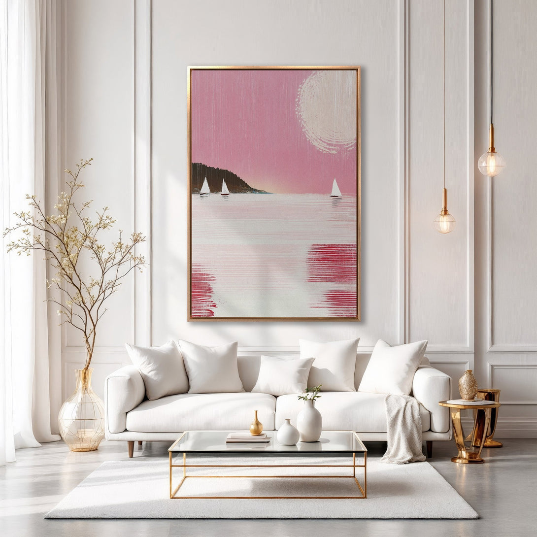 Framed Wall Art: Abstract sailboat scene in pink and white. Modern art canvas print adds a touch of elegance to any interior.
