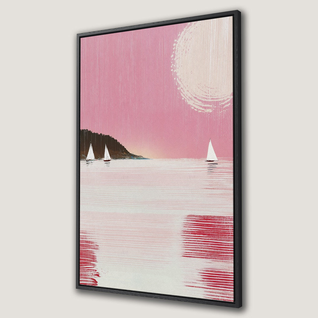 Framed Wall Art: Abstract seascape Canvas Print with sailboats, pink and red color palette. Modern art for your home decor.