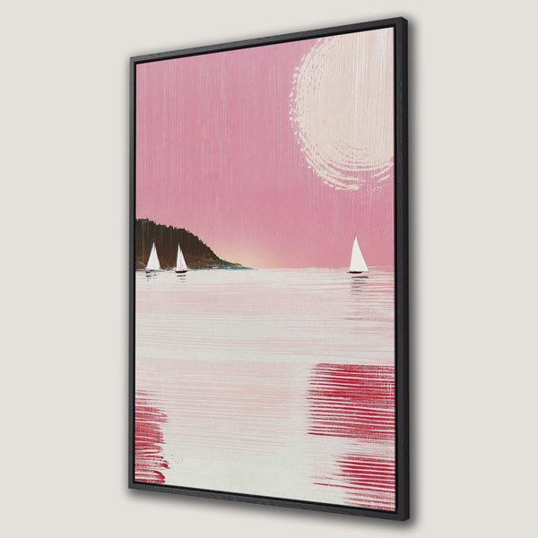 Framed Wall Art: Abstract seascape Canvas Print with sailboats, pink and red color palette. Modern art for your home decor.