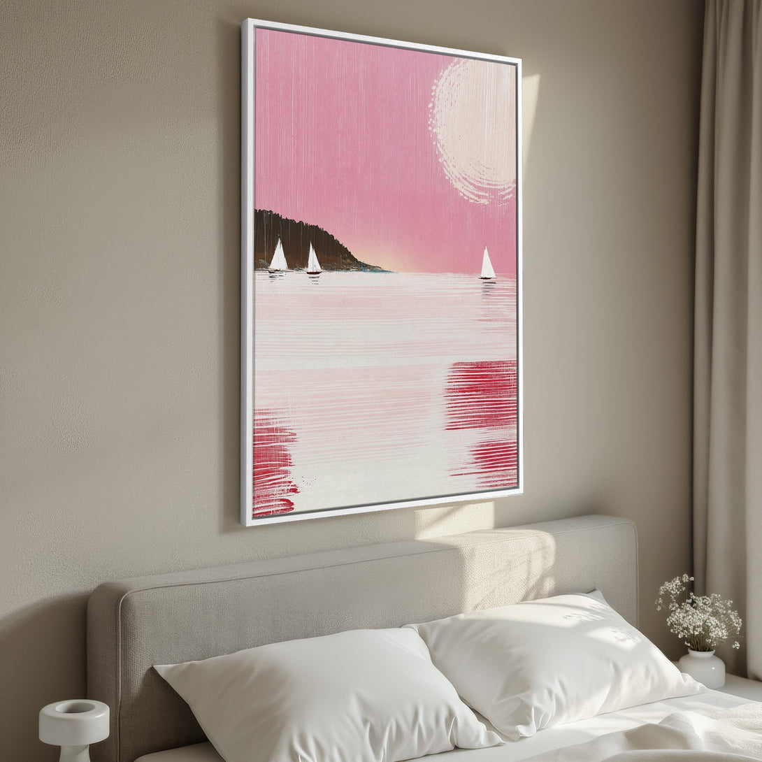 Framed Wall Art: Abstract seascape painting with sailboats in pink and red hues. Modern art for bedroom decor.