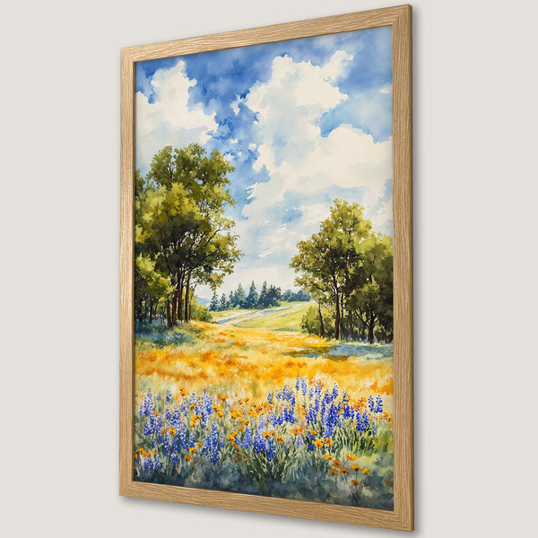 Framed Poster featuring a watercolor landscape with a field of wildflowers under a blue sky. A beautiful art print for your home.