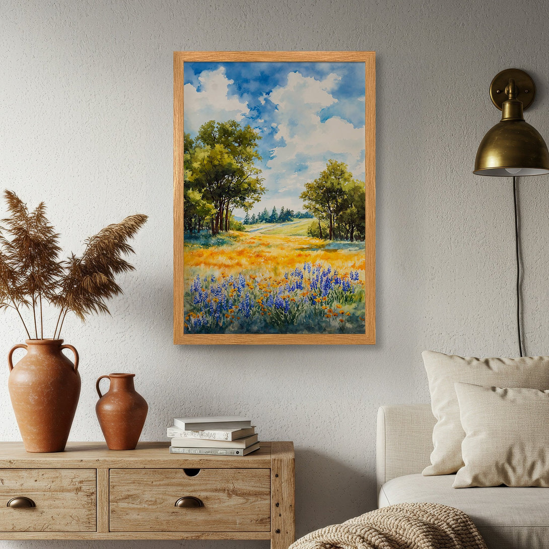 Framed Poster featuring a watercolor landscape with a field of flowers, trees, and a blue sky. Warm color palette. Perfect wall art!