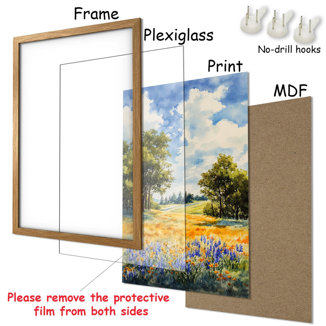 Framed Poster: Watercolor landscape art print with a blue, yellow, and green color palette. Perfect for any home decor.